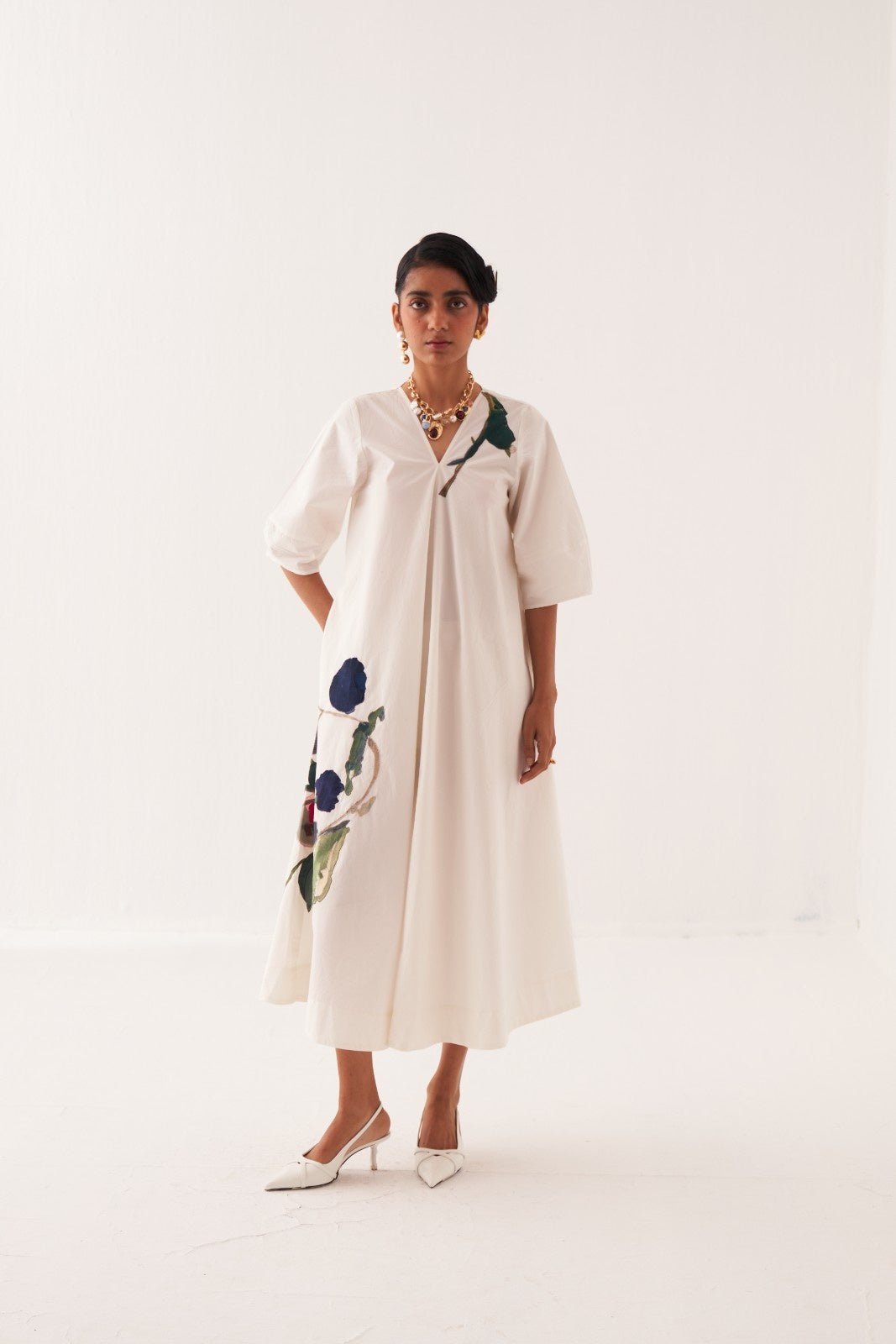 Ivory A-Line Midi Dress with Lantern Sleeves