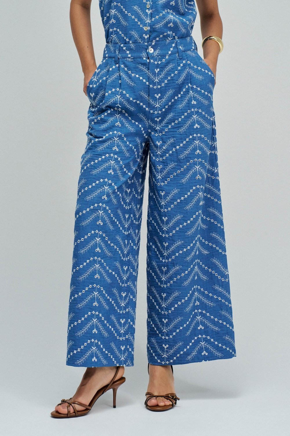 Blue Wide-Leg High-Rise Geometric Print Trousers