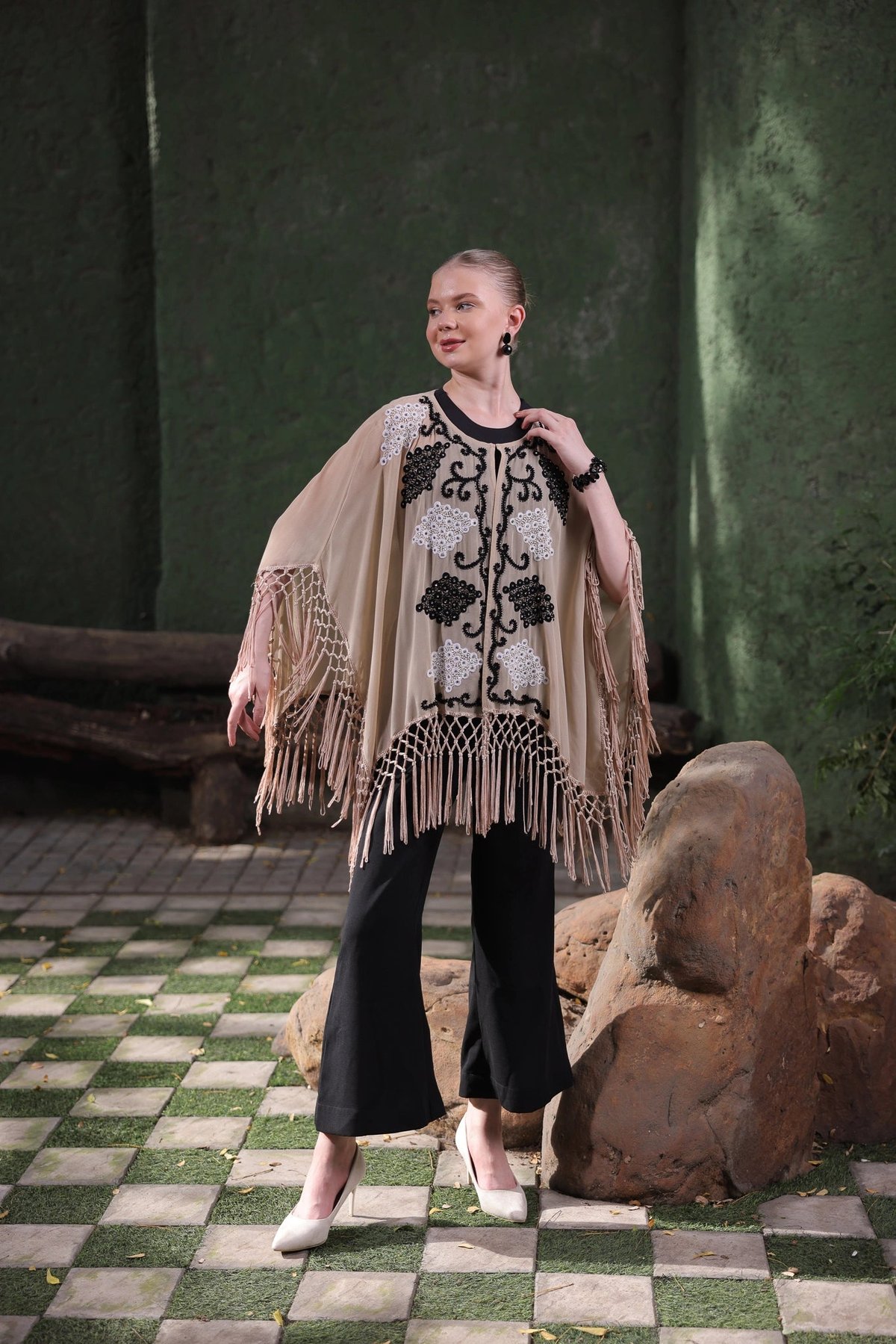 Beige Cape with Embellishment and Fringe Detailing