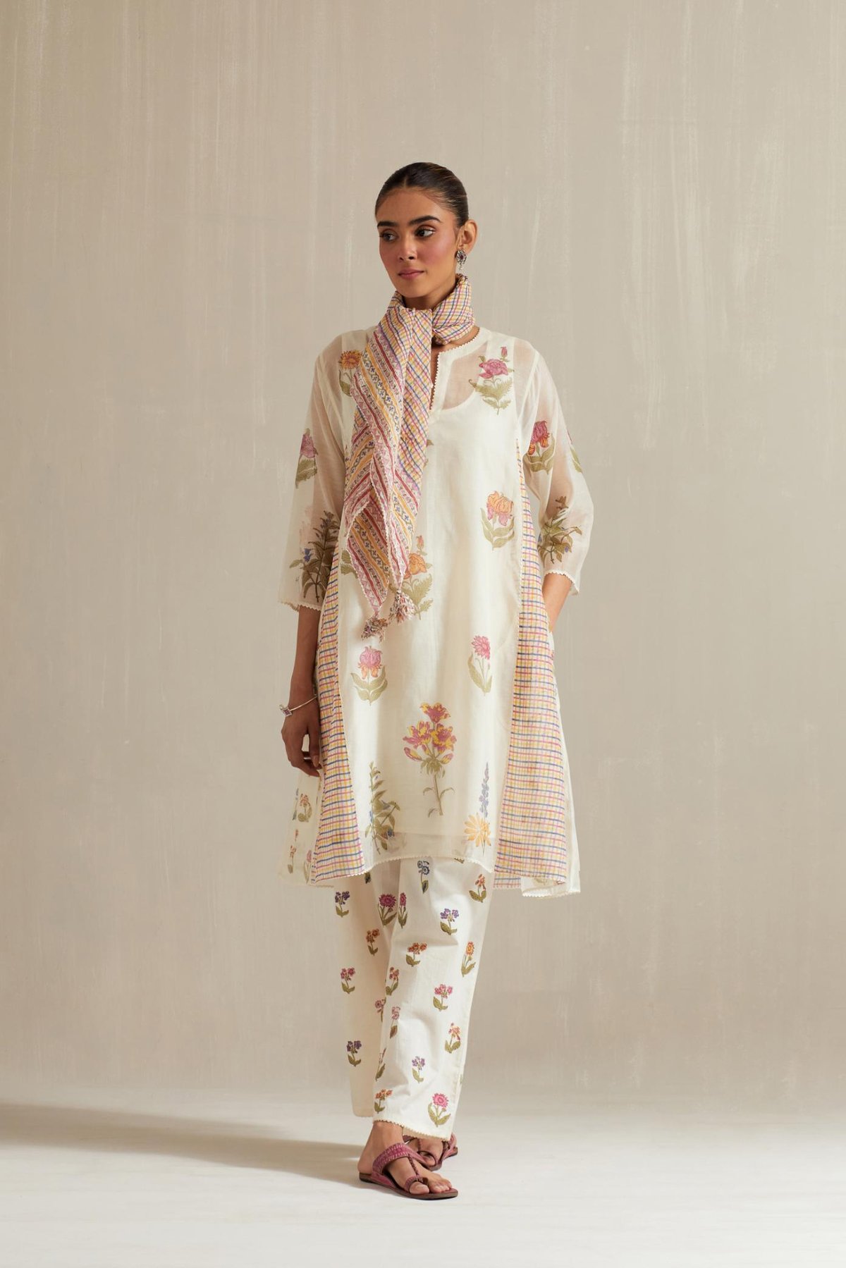 Off White Cotton Chanderi Short Kalidar Kurta Set