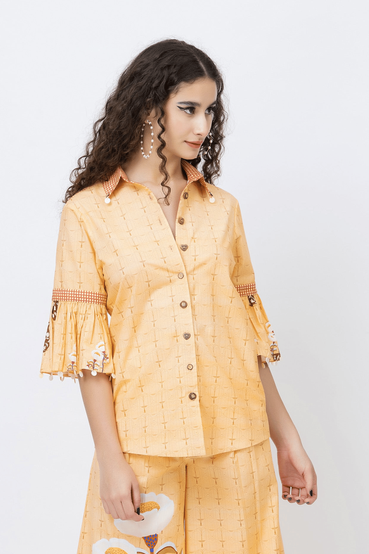 Orange Printed Cotton Shirt with Statement 3/4 Sleeves