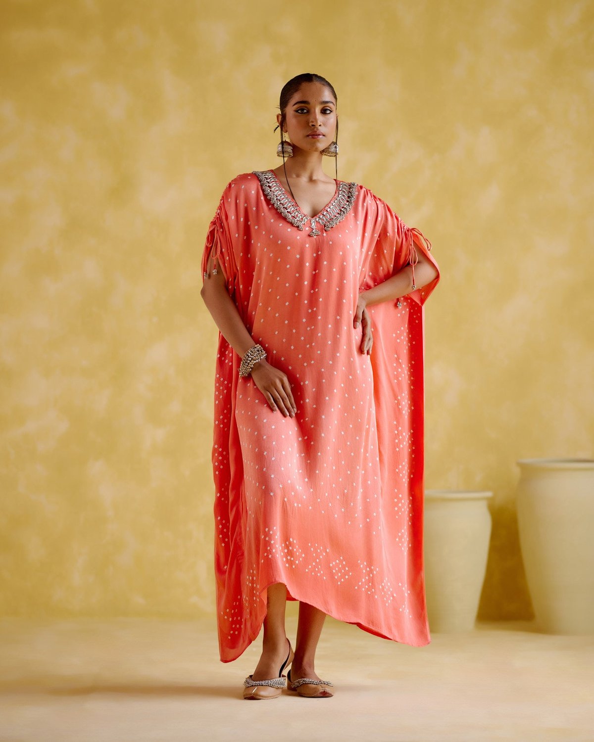 Peach Orange Bandhani Print Kaftan with Embellished V-Neck