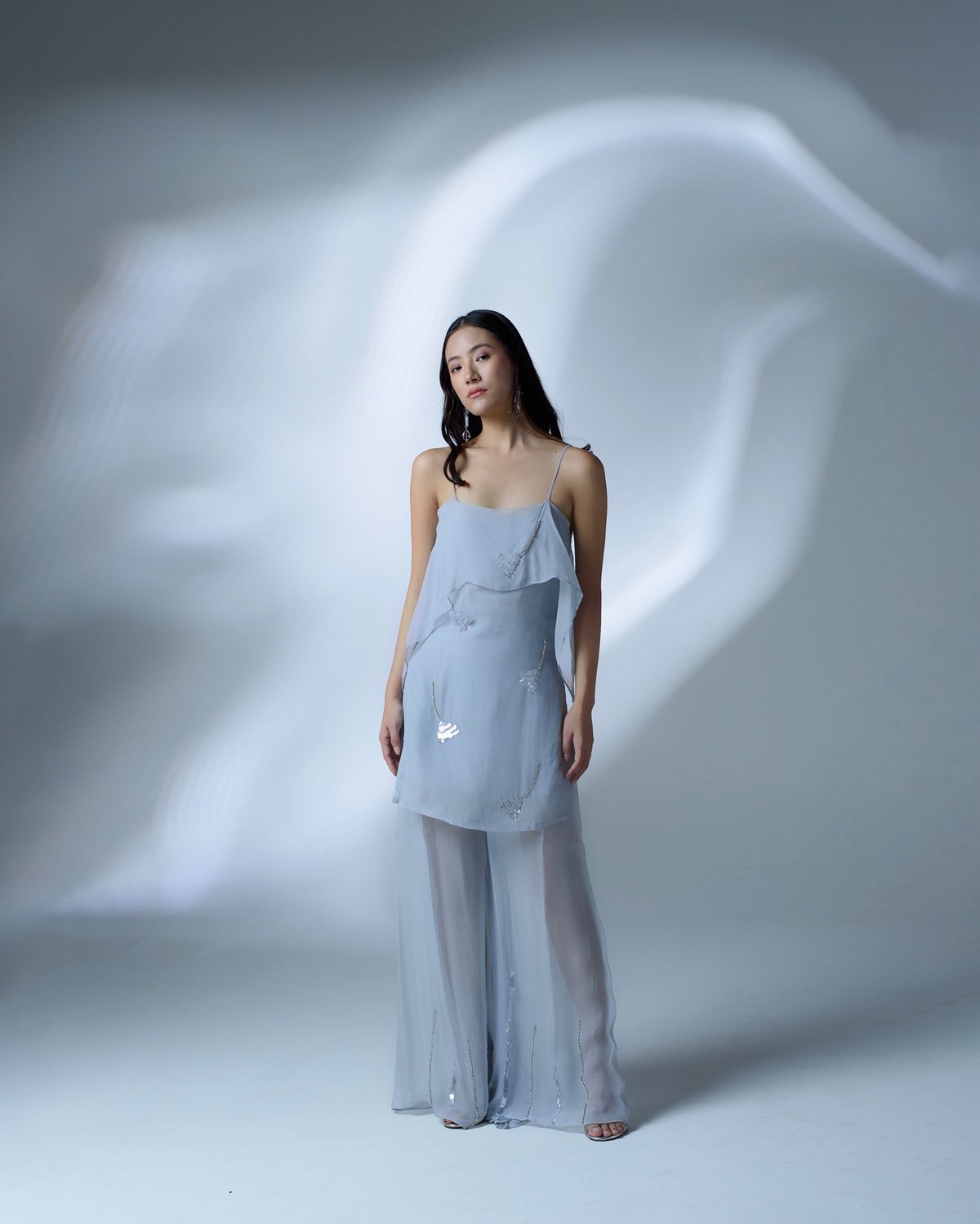 Ice Blue Embellished Organza Strappy Camisole Top