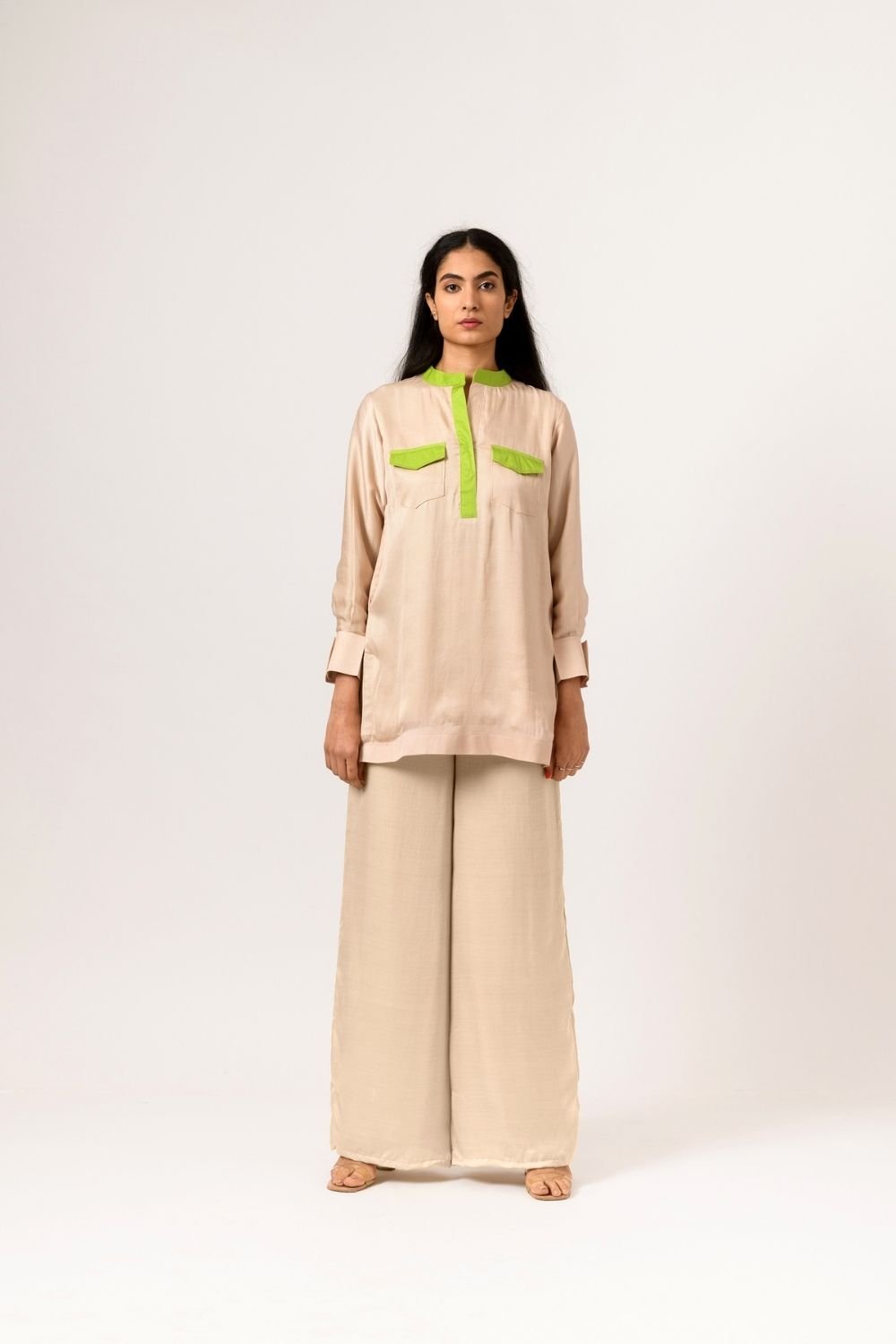 Ecru-Green Shirt and Wide-Leg Pants Co-ord Set