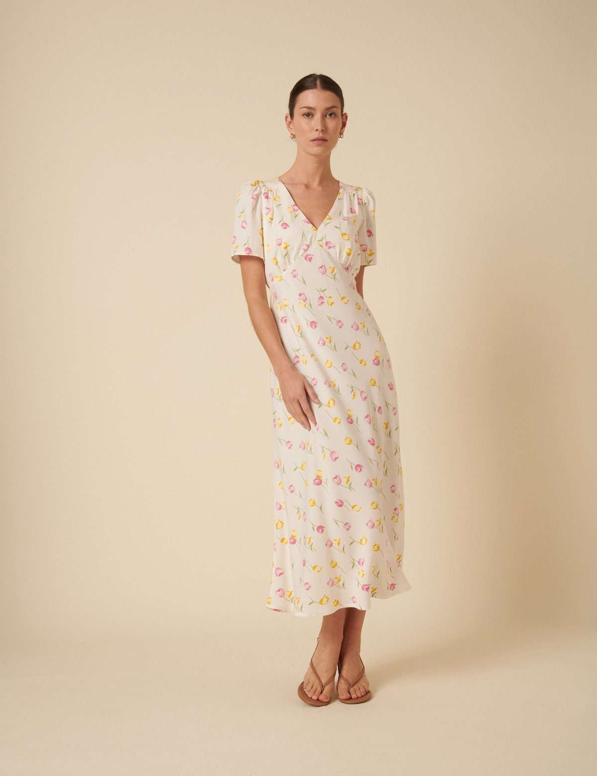 Cream Floral Wrap Midi Dress