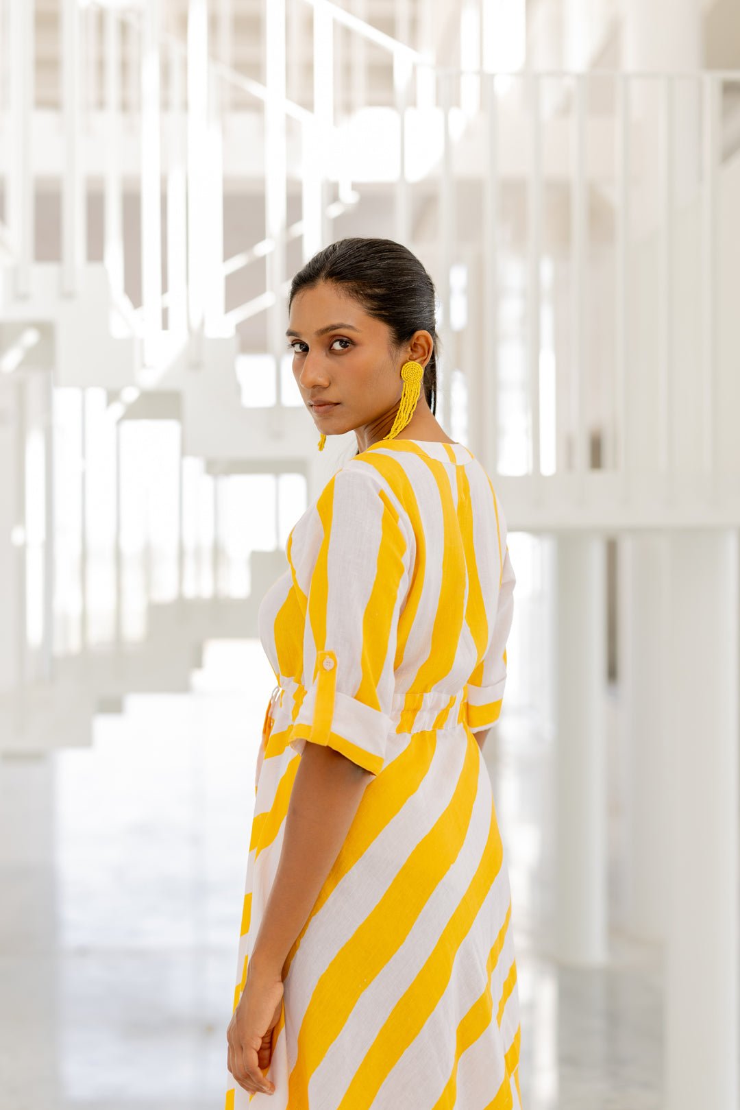 Yellow Striped Button-Down Midi Dress with Drawcord Waist