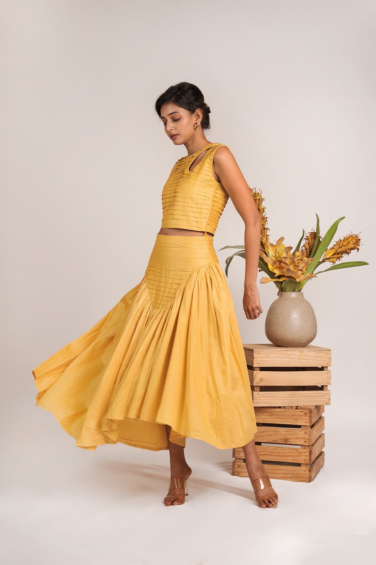 Yellow Pleated Crop Top and Midi Skirt Co-ord Set