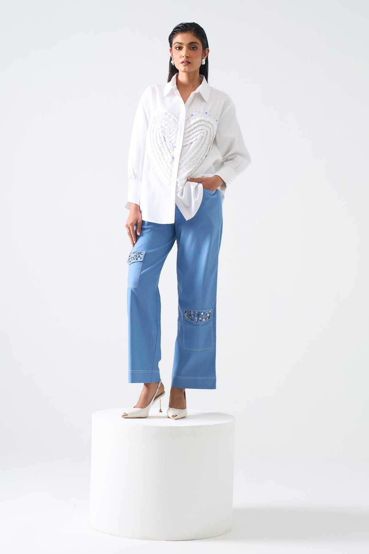 White Button-Down Shirt with Tonal Heart Applique