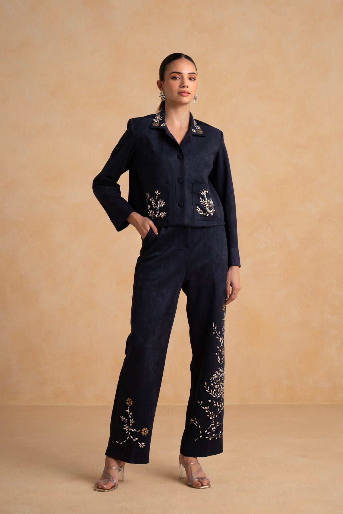 Night Blue Suede Embellished Jacket and Pant Co-ord Set