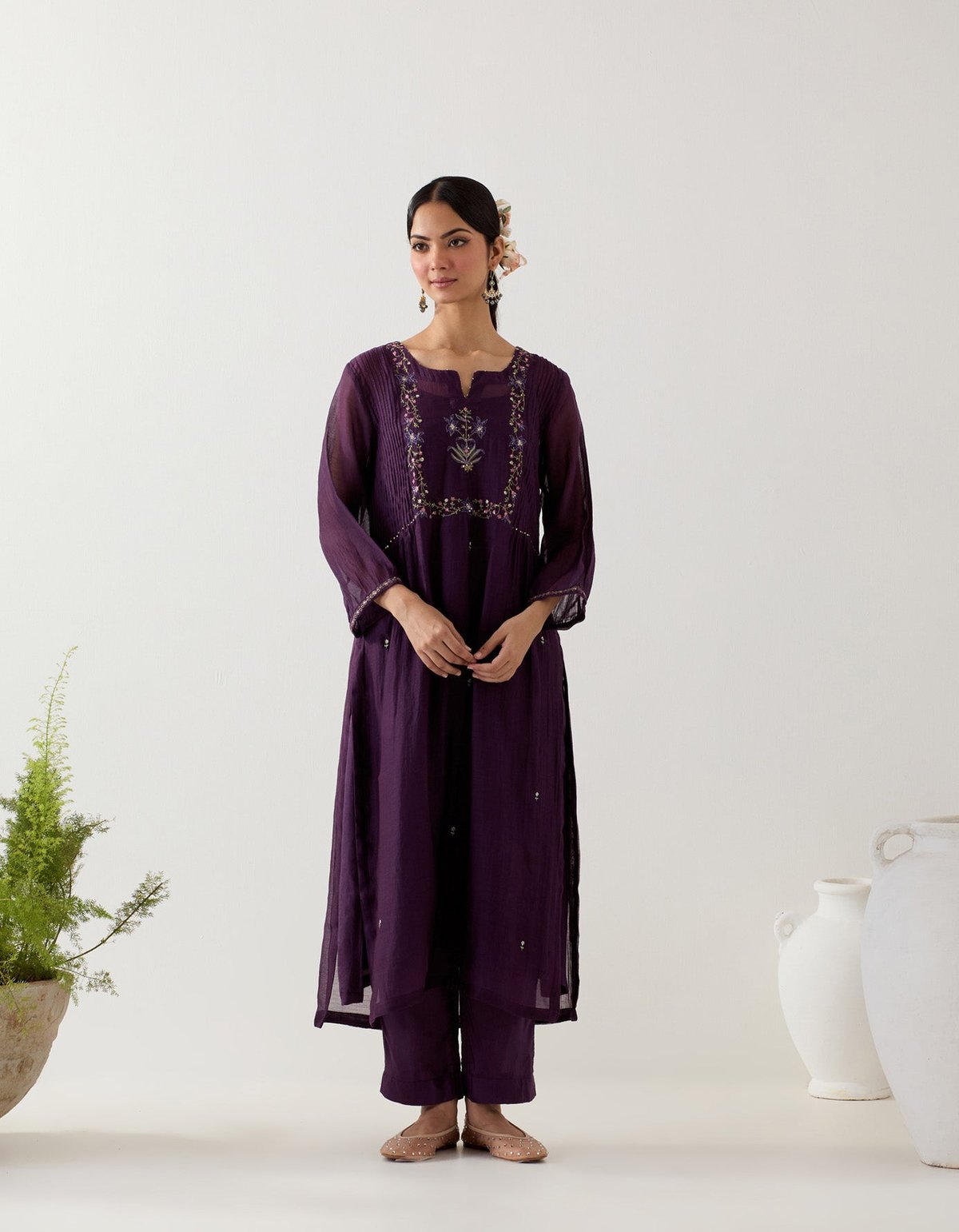 Deep Purple Chanderi Silk Embroidered Kurta Set with Slip