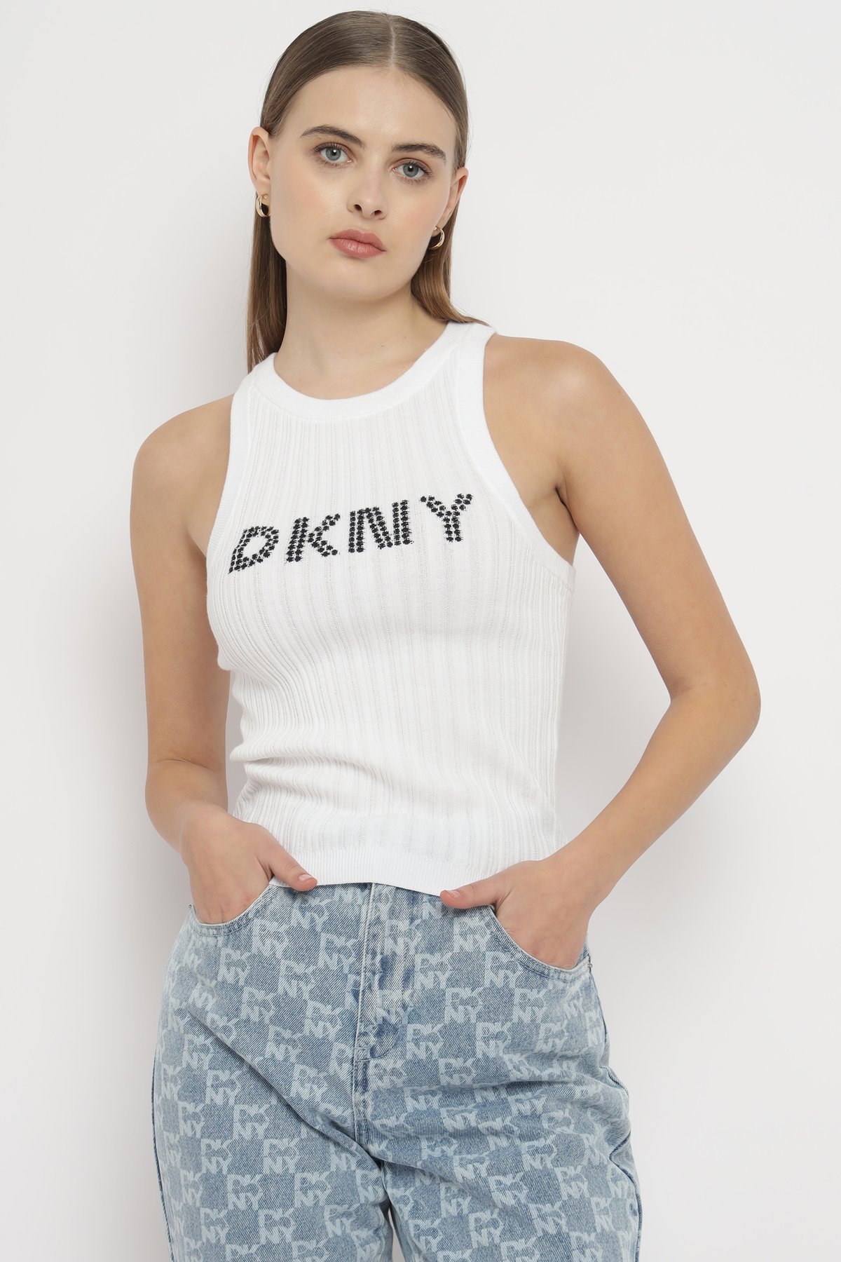 White Rib-Knit DKNY Logo Tank Top