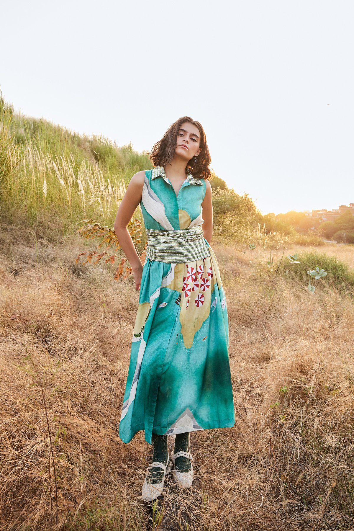 Turquoise Printed Collared Button-Front Maxi Dress