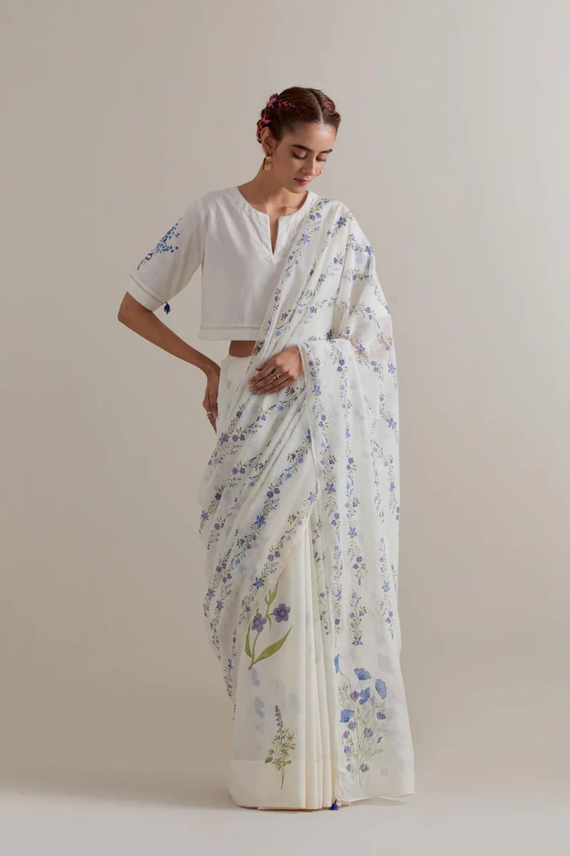 Off-White Blue and Green Floral Cotton Chanderi Saree