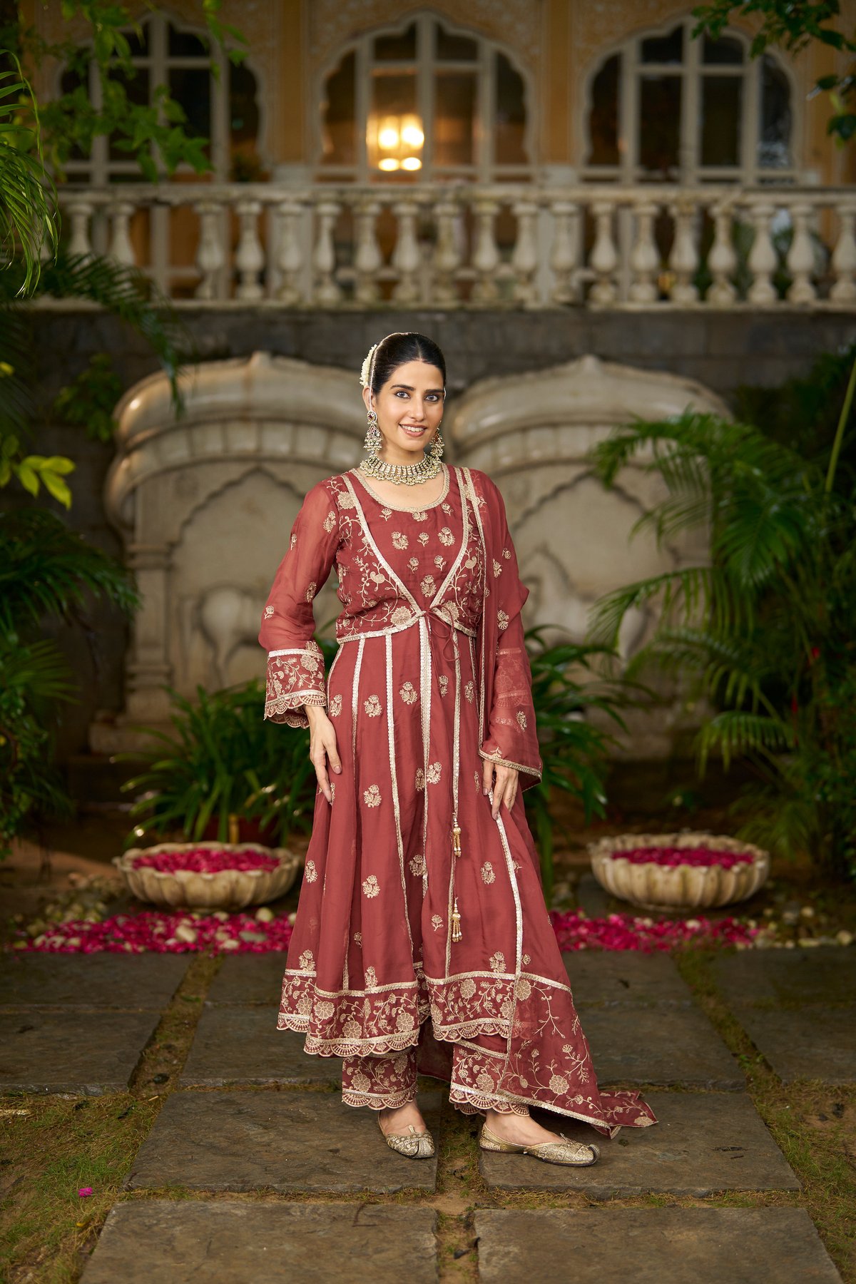 Rust Organza Anarkali Kurta Set with Gold Embroidery