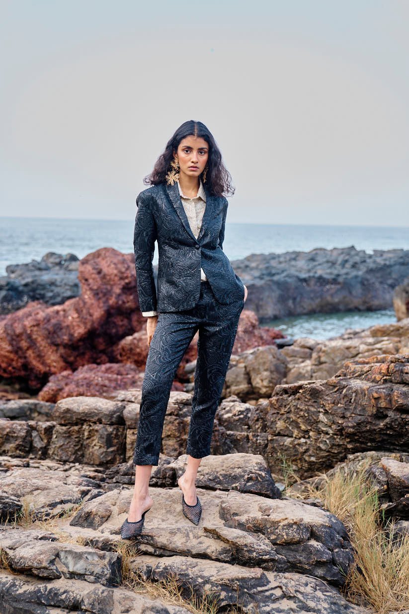 Black Metallic Brocade Tapered Trousers