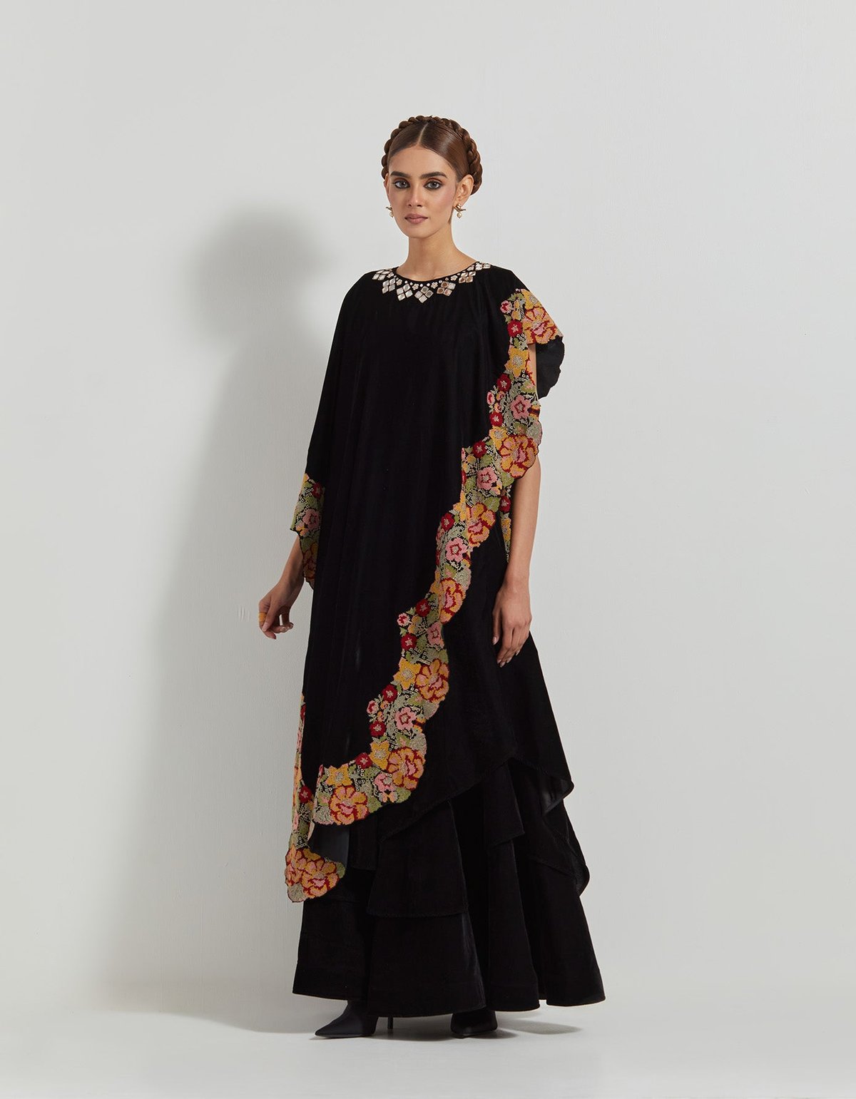 Black Velvet Cape and Tiered Maxi Skirt Co-ord Set