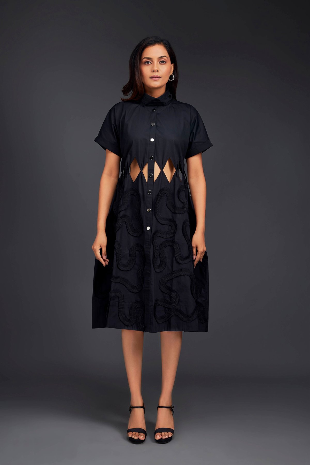 Black Midi Shirt Dress with Belt and Waist Cut-Outs