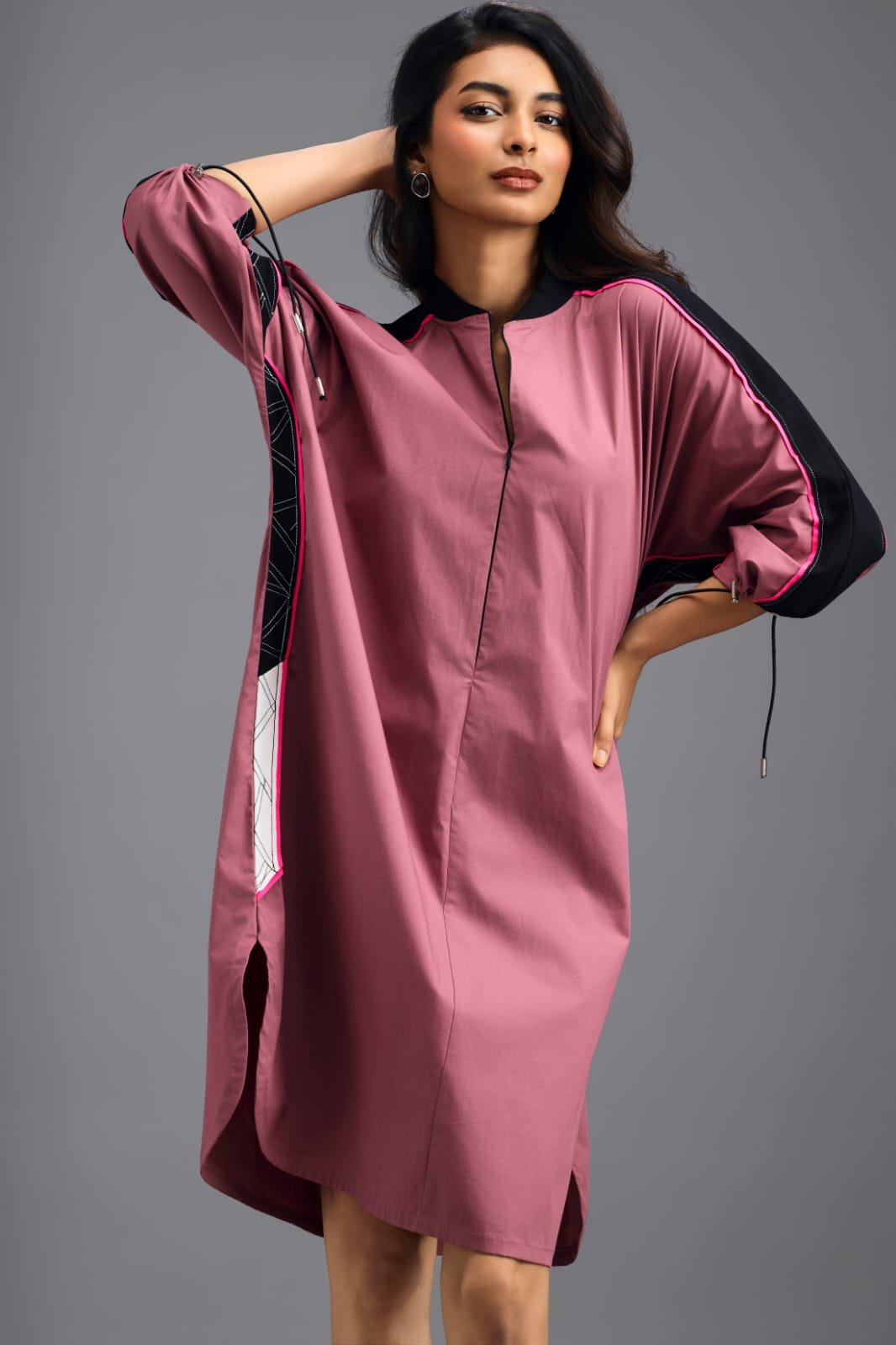 Pink Oversized Boxy Dress With Contrast Stripe
