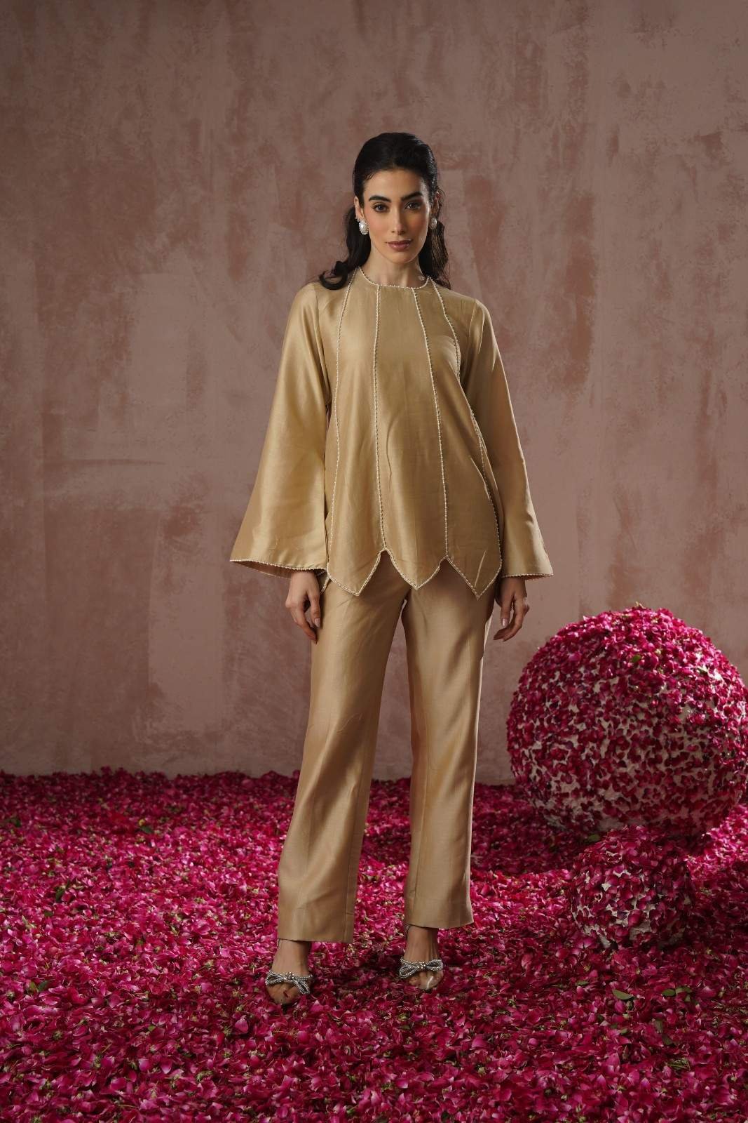 Beige Chanderi Silk Pearl-Embellished Co-ord Set