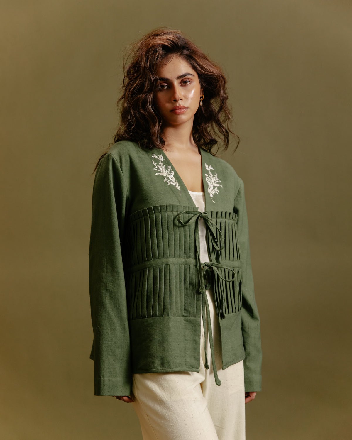 Olive Green Khadi Tie-Up Jacket with Pleated Front