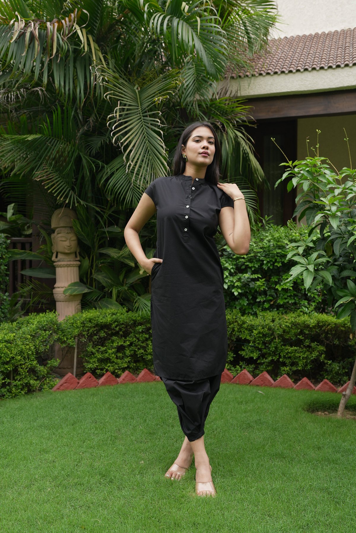 Black Cotton Kurta and Salwar Set with Button Placket