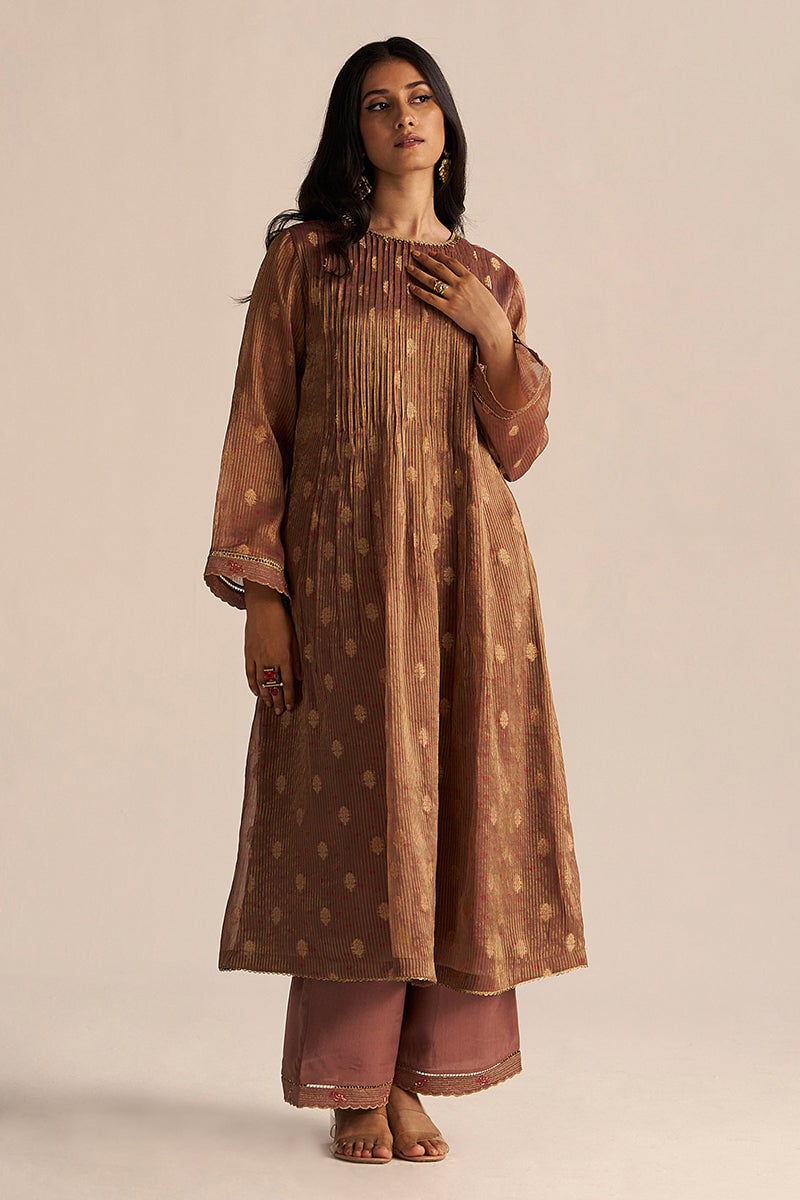 Cognac Brown Tissue-Print Kurta and Pants Co-ord Set