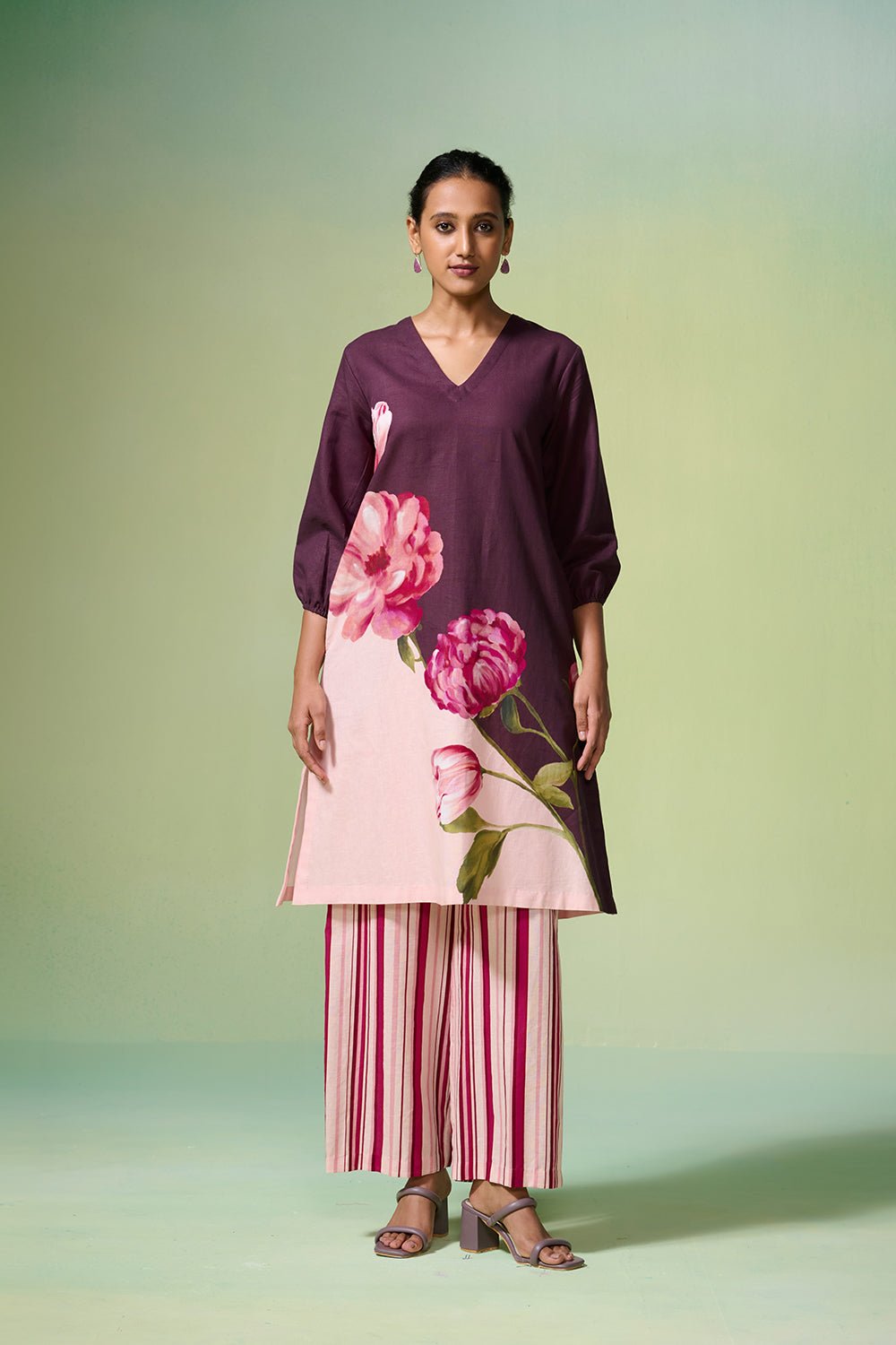 Dark Purple Floral Printed Linen-Cotton Kurta Set
