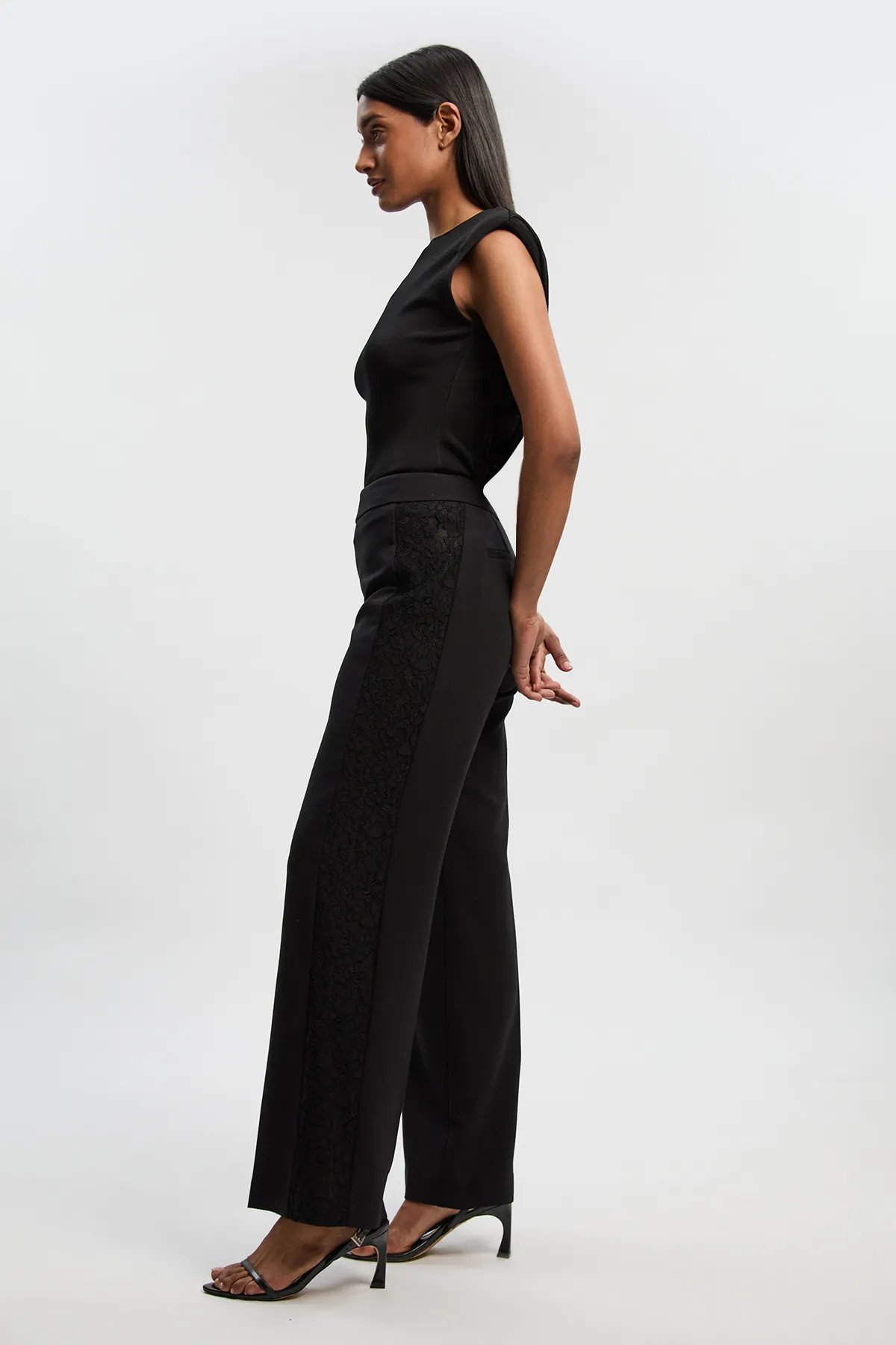 Black High-Rise Wide-Leg Trousers with Lace Side Panel