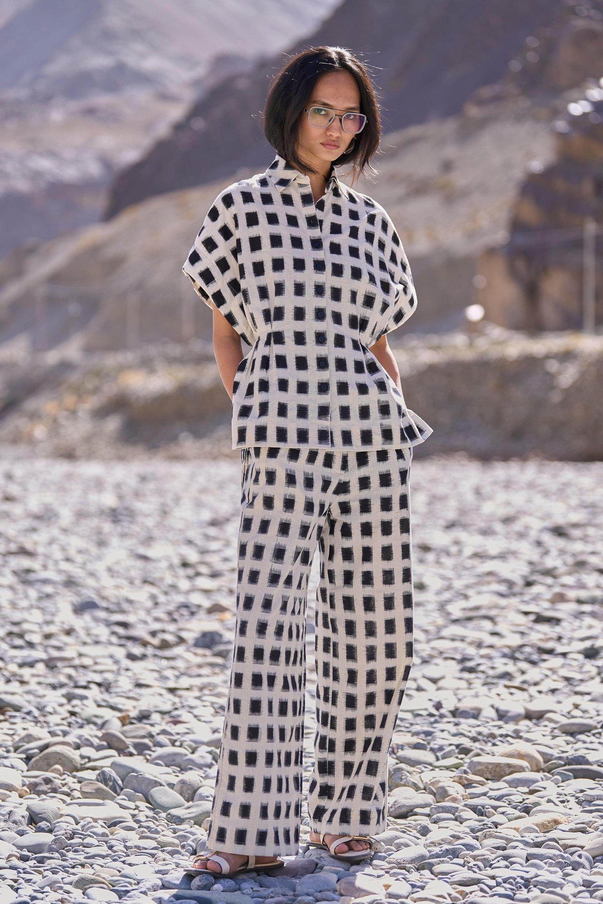 White/Black Ikat Box-Check Straight-Leg Trousers