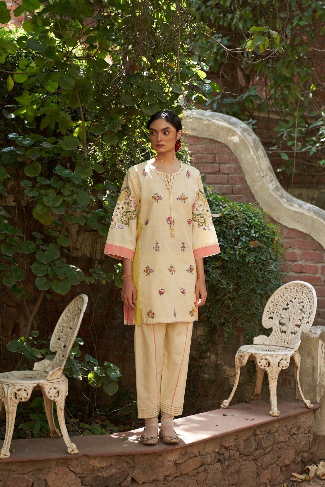 Beige Linen-Cotton Embroidered Straight Kurta Set