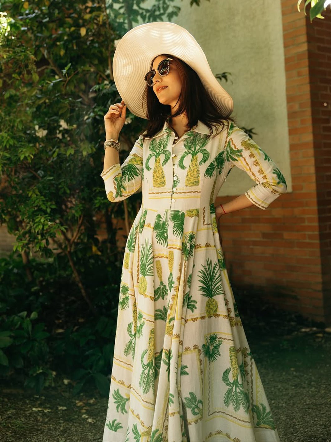 Beige Tropical Printed Fit and Flare Maxi Dress