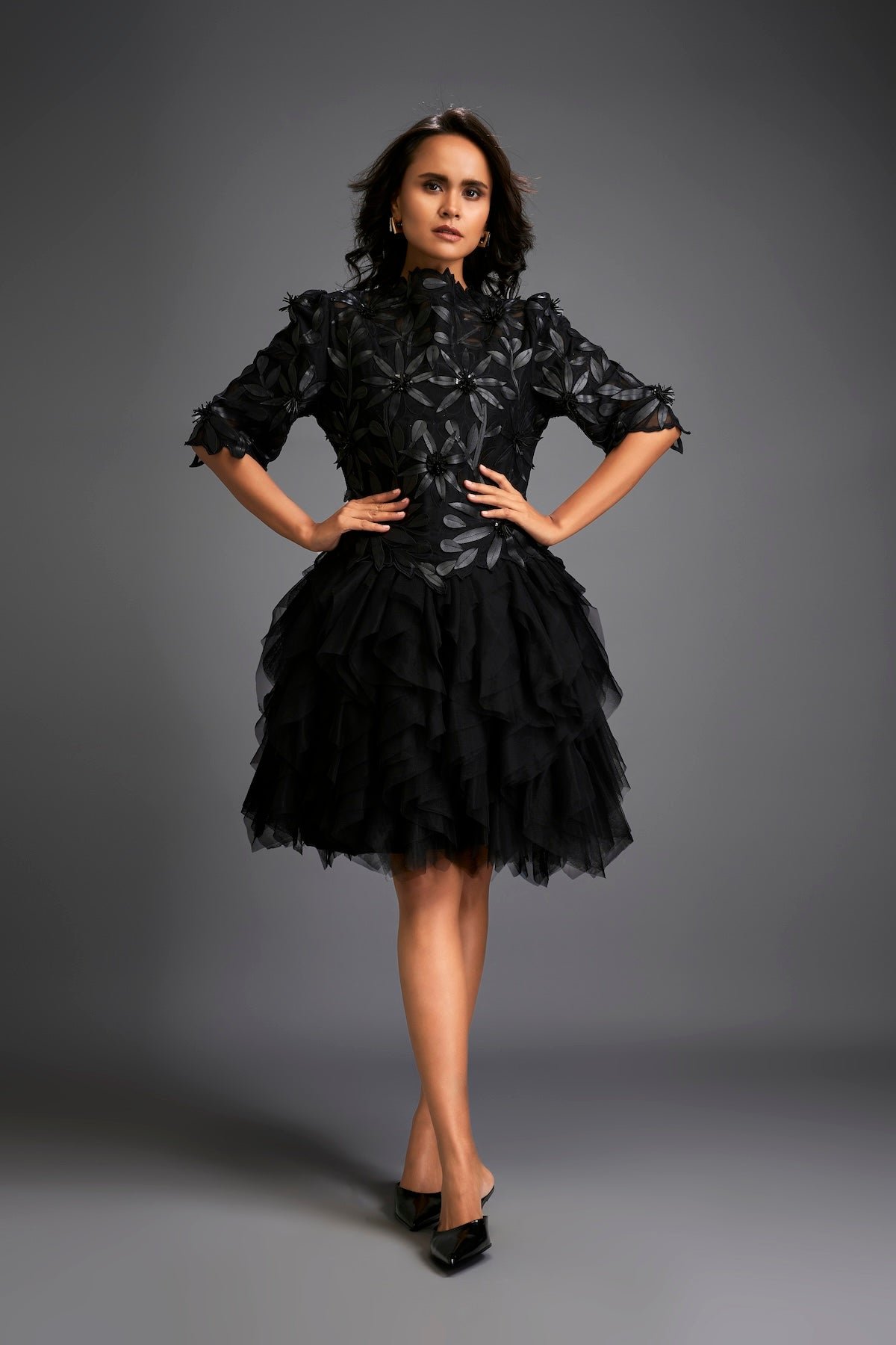 Black High-Neck Floral Applique Tulle Mini Dress