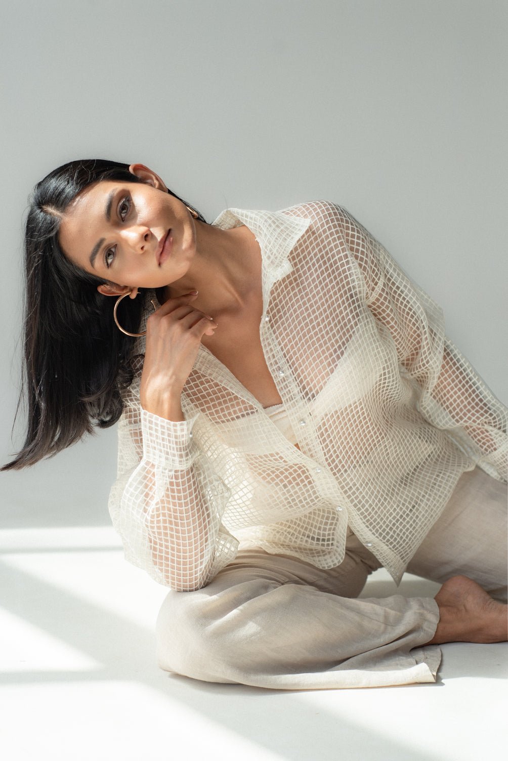 Natural Sheer Grid Button-Up Shirt with Pearl Buttons