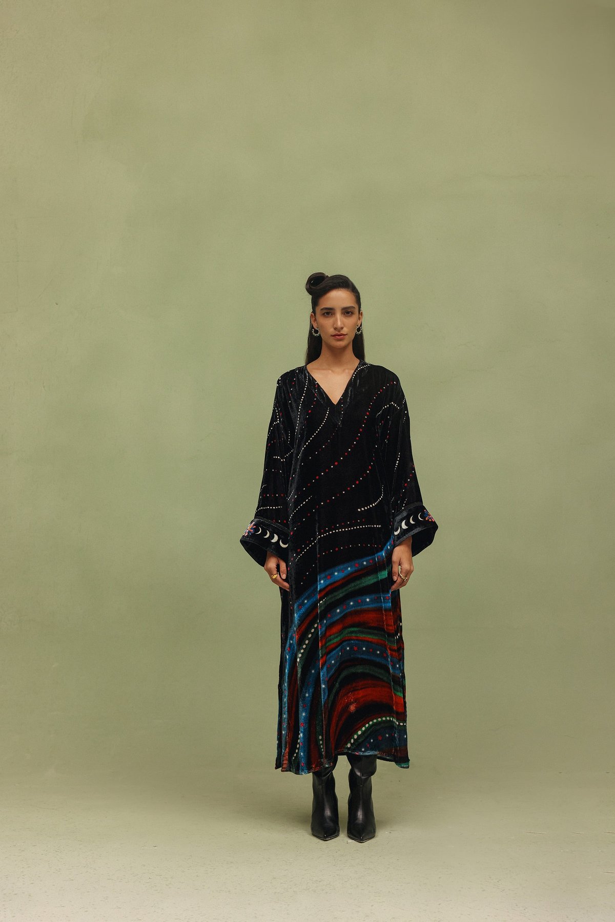 Black and Blue Printed Velvet Maxi Kaftan