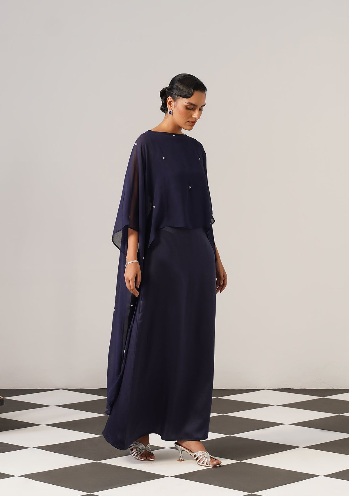 Navy Satin Maxi Gown with Embroidered Cape
