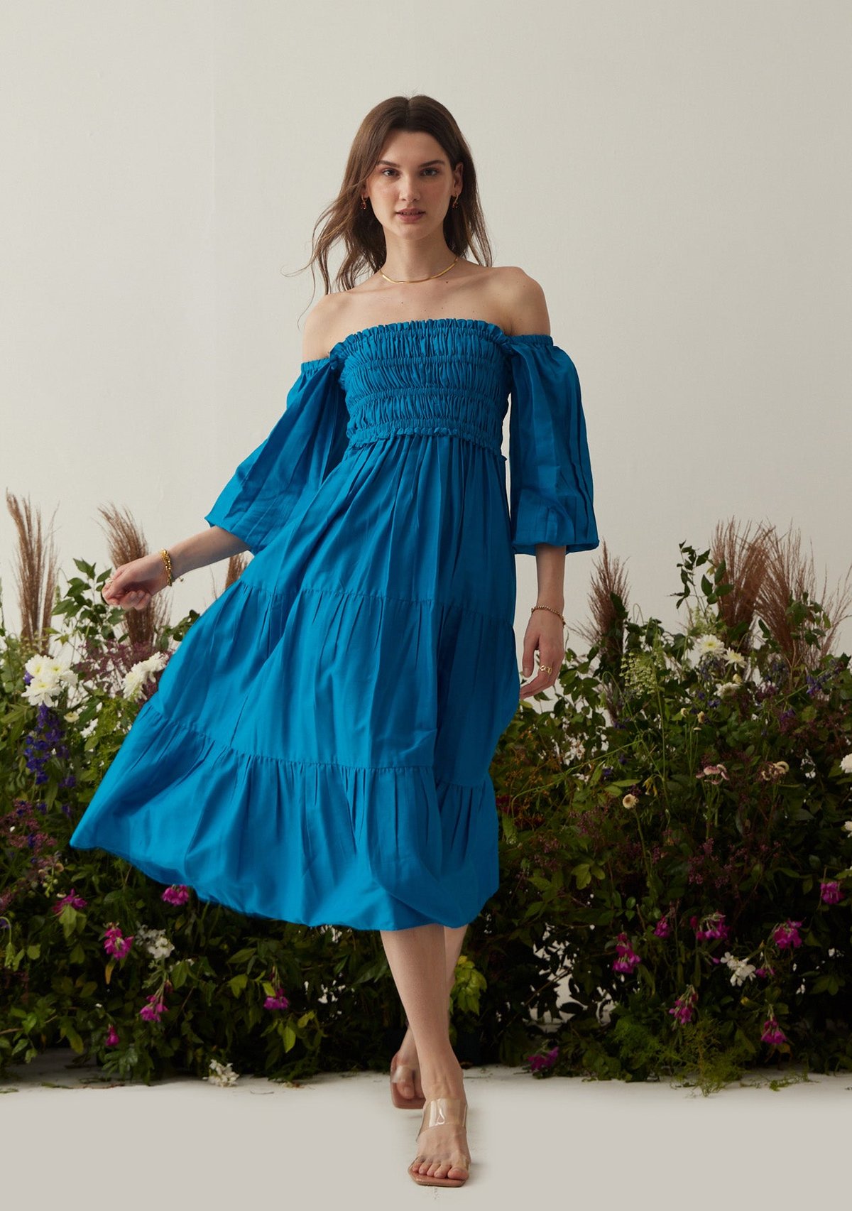 Blue Smocked Tiered Midi Dress with 3/4 Sleeves