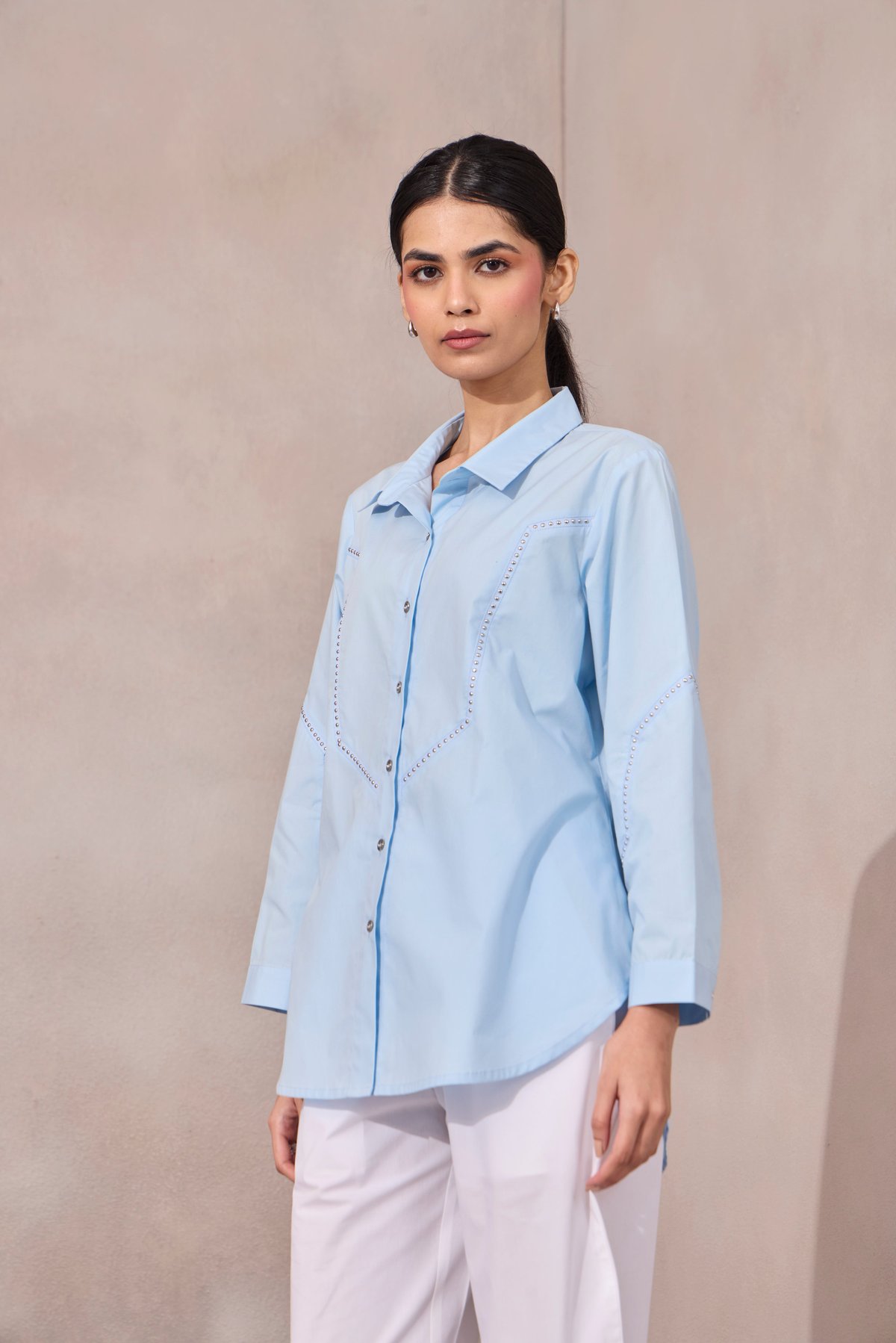 Frost Blue Cotton Poplin Stud-Detail Longline Shirt