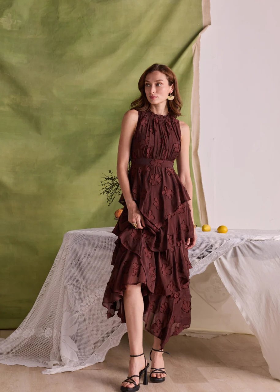 Brown Cotton Jacquard Tiered Midi Dress