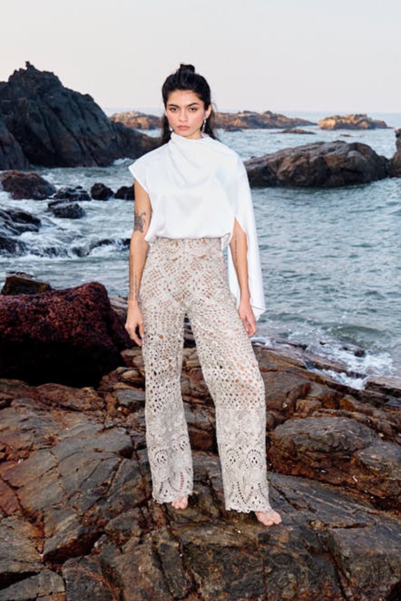 Champagne Metallic Lace Wide-Leg Trousers