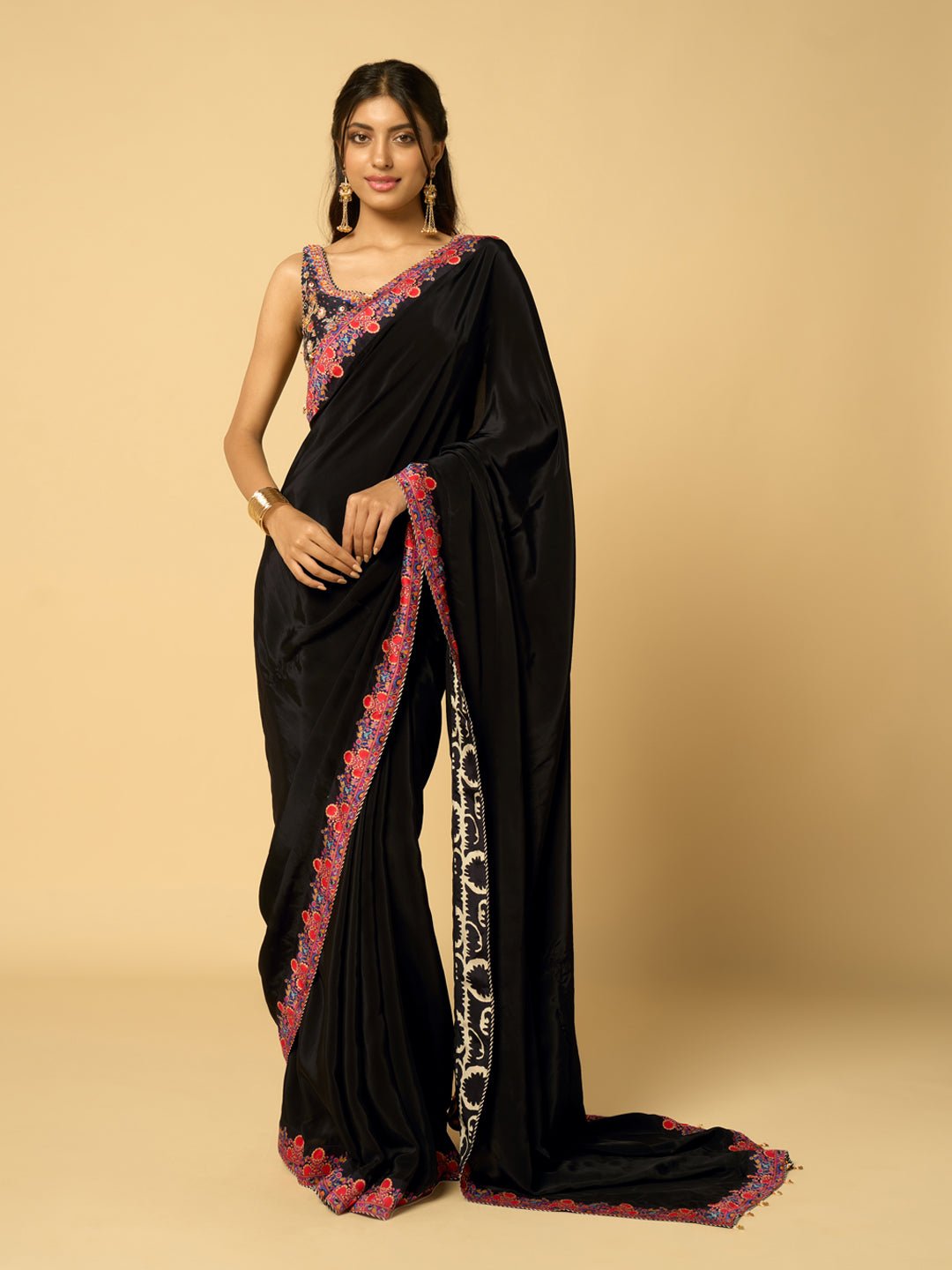 Black Viscose Crepe Saree with Printed Border