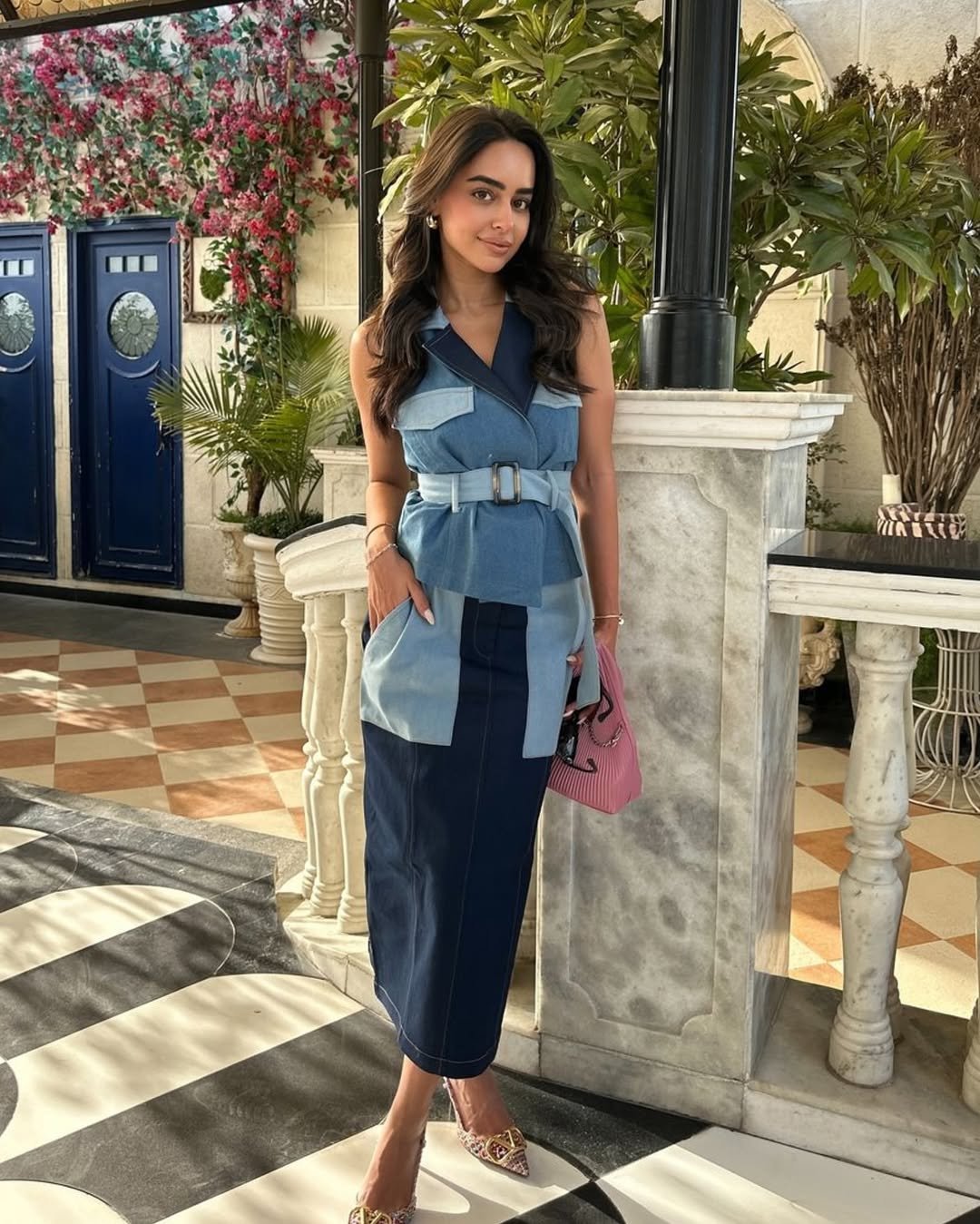 Blue Patchwork Denim Belted Midi Dress