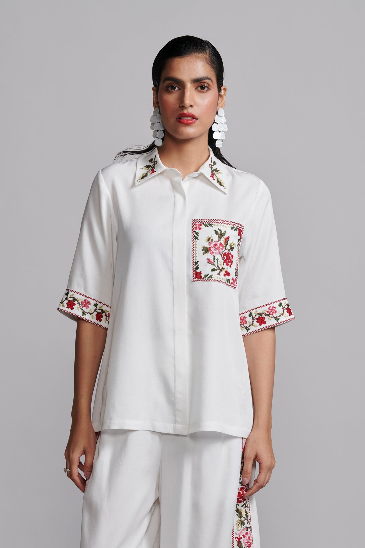 Ivory Tencel Shirt with Cross-Stitch Embroidered Pocket