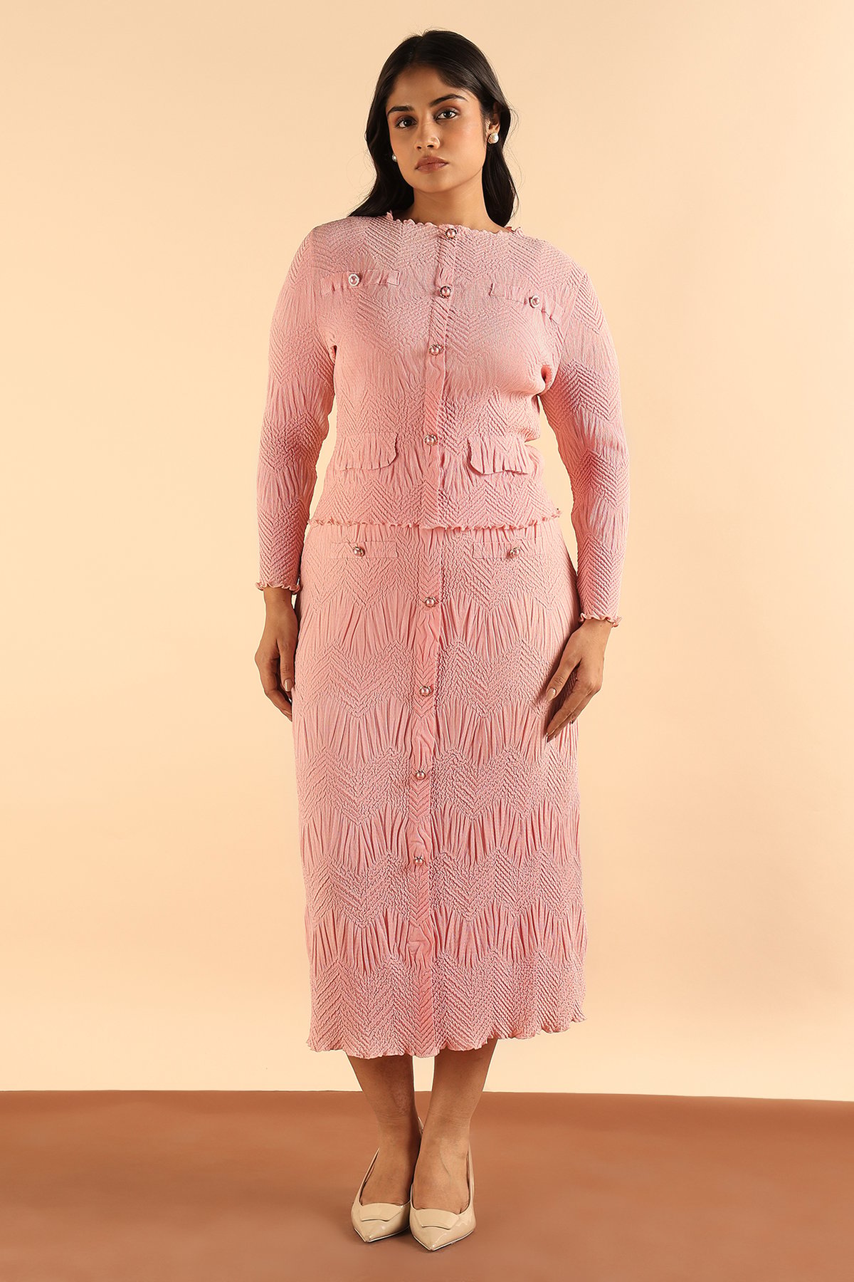 Soft Pink Textured Top and Midi Skirt Co-ord Set