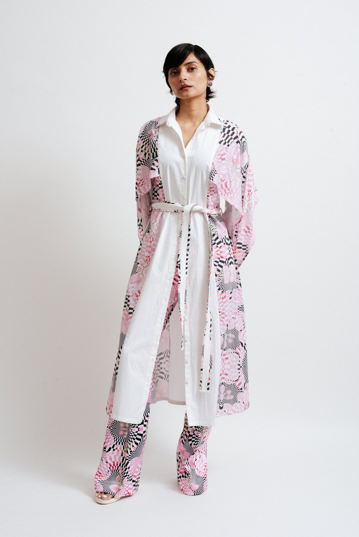 White and Pink Printed Midi Shirt Dress with Belt
