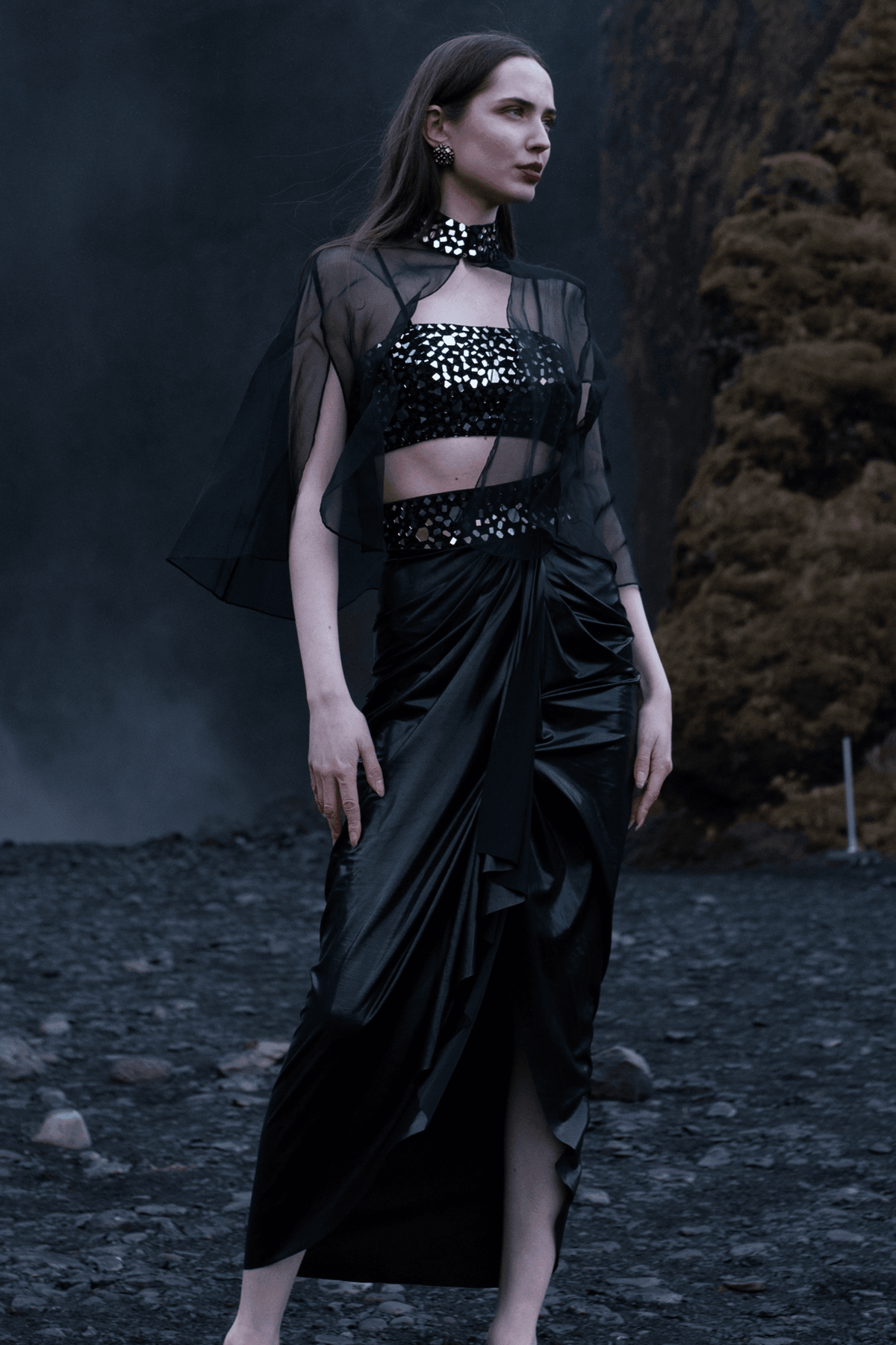 Black High-Waist Draped Midi Skirt with Mirrorwork