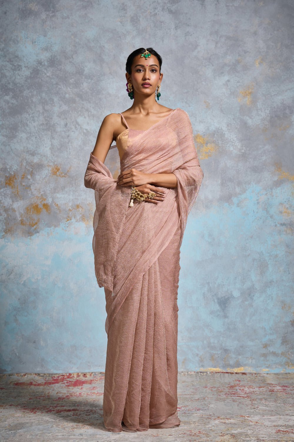 Pastel Peach Crinkle Tissue Saree