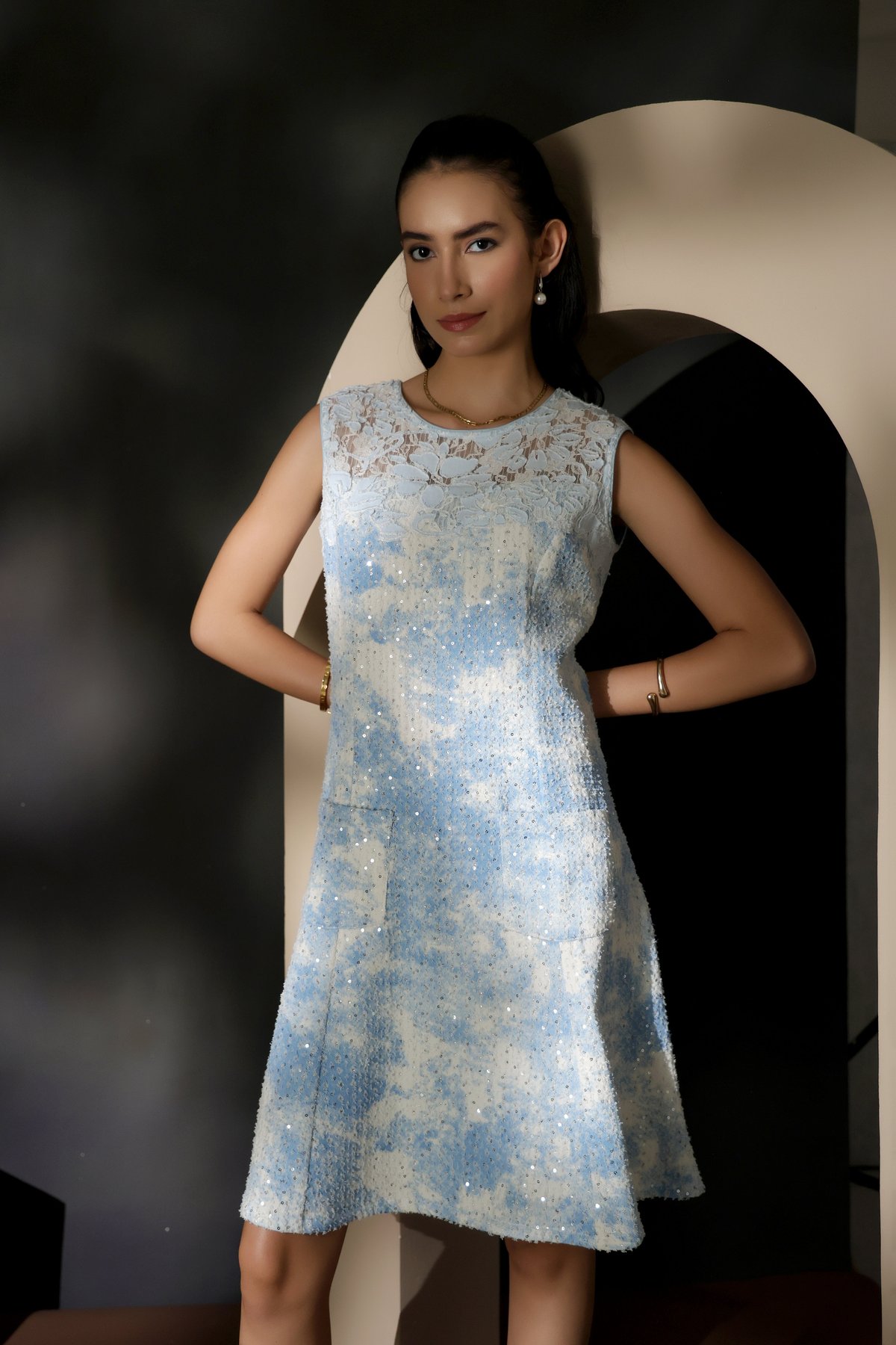 Light Blue Tie-Dye Denim Fit and Flare Knee-Length Dress