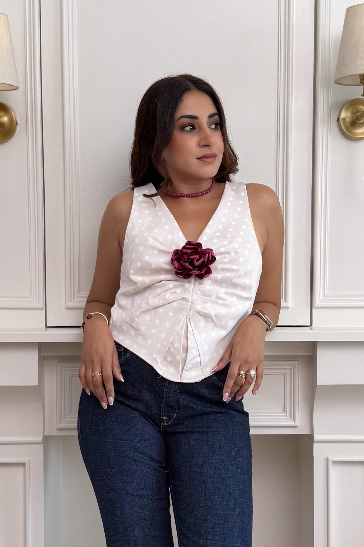 Pink Polka Dot Halter Top with Satin Rosette