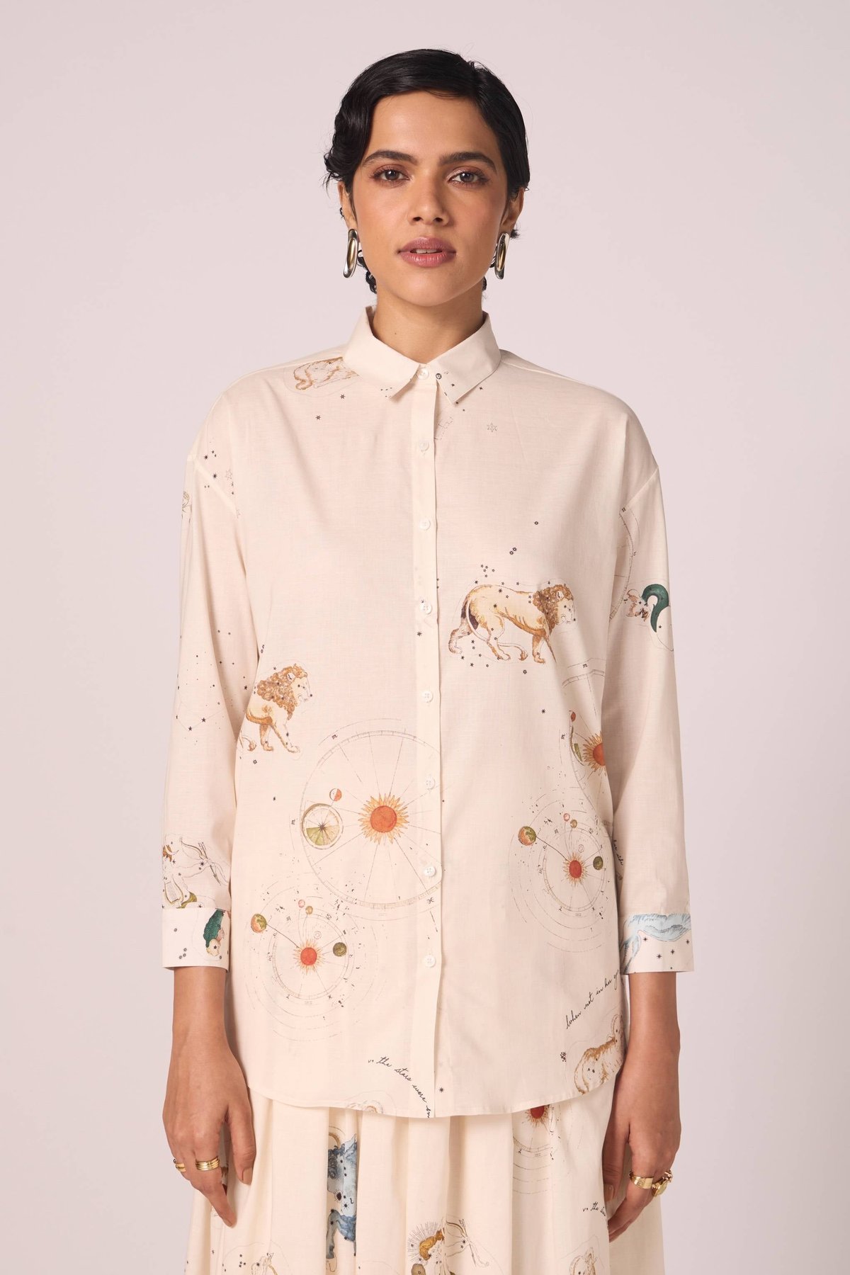 Beige Zodiac Print Organic Cotton Cambric Shirt