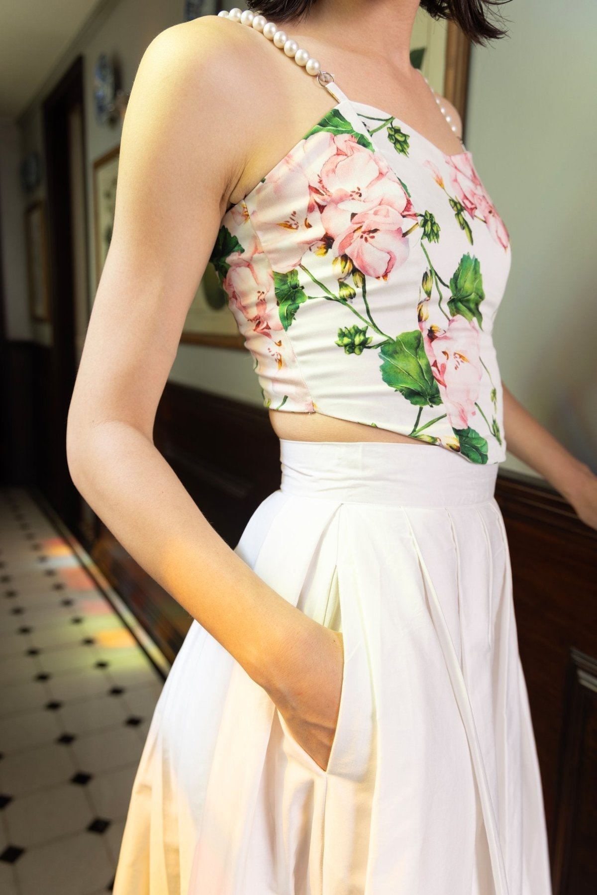 White Floral Square-Neck Crop Top with Pearl Straps